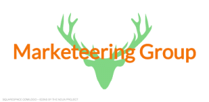 Marketeering Group in orange font on top of a green silhouette of a stag