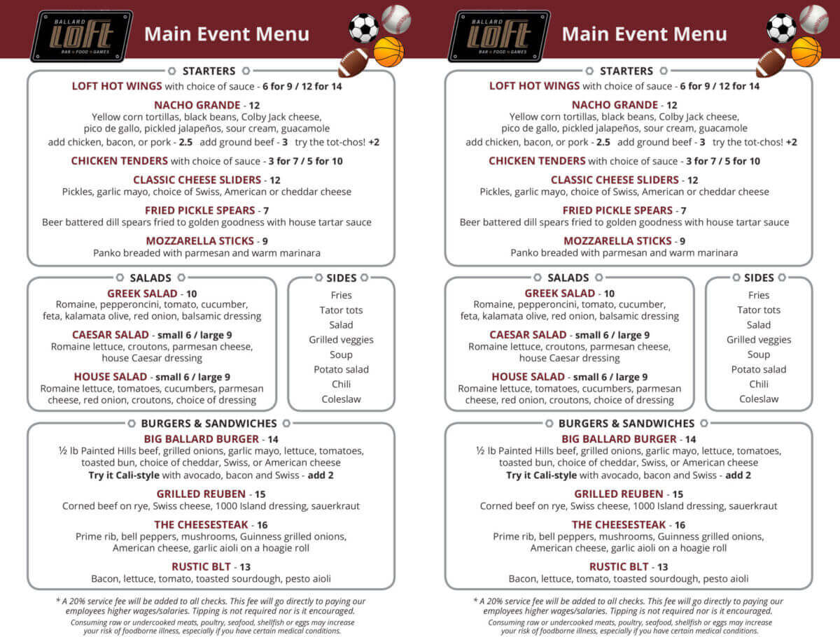 Screenshot of Ballard loft's main event menu