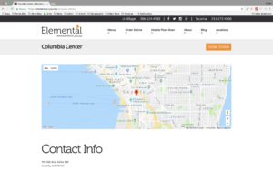 Screenshot of Elemental Pizza's Columbia center contact info page