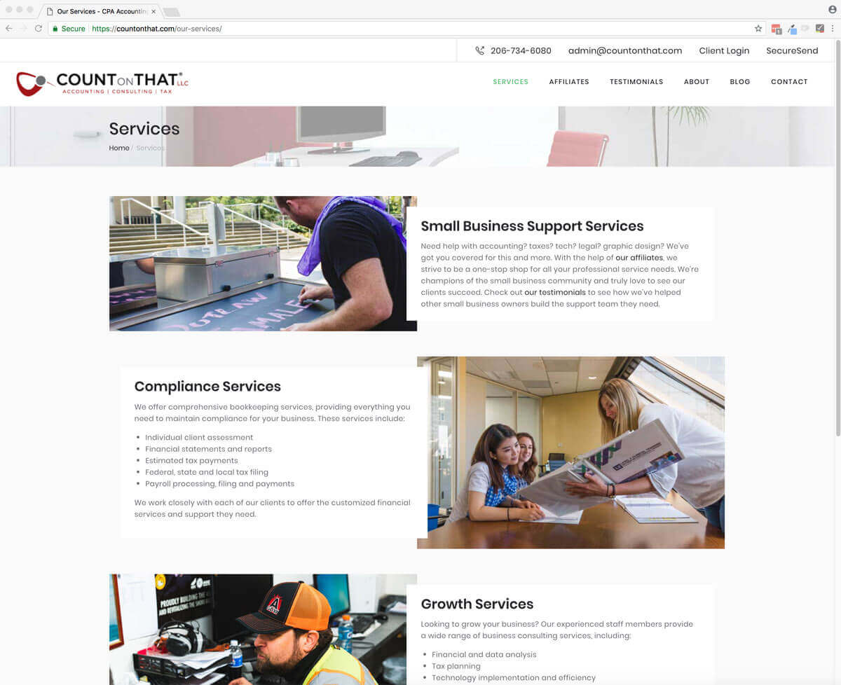 Screenshot of Count on That's services page