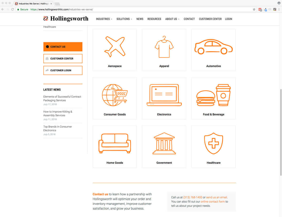 Screenshot of Hollingsworth's industries they service