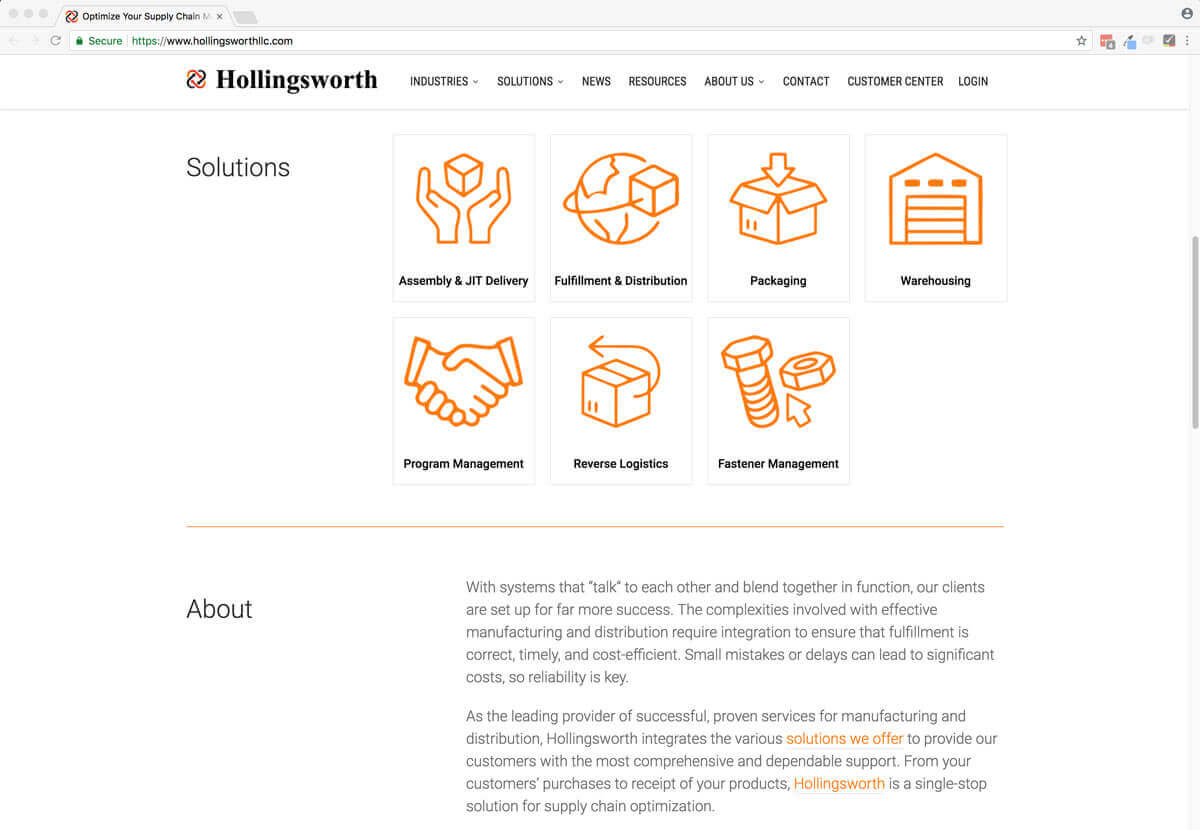 Screenshot of Hollingsworth's solutions and about us