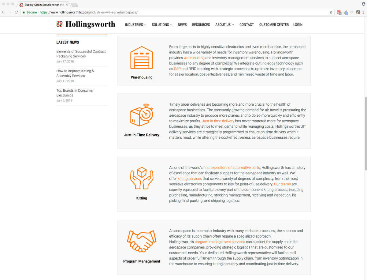 Screenshot of Hollingsworth's services