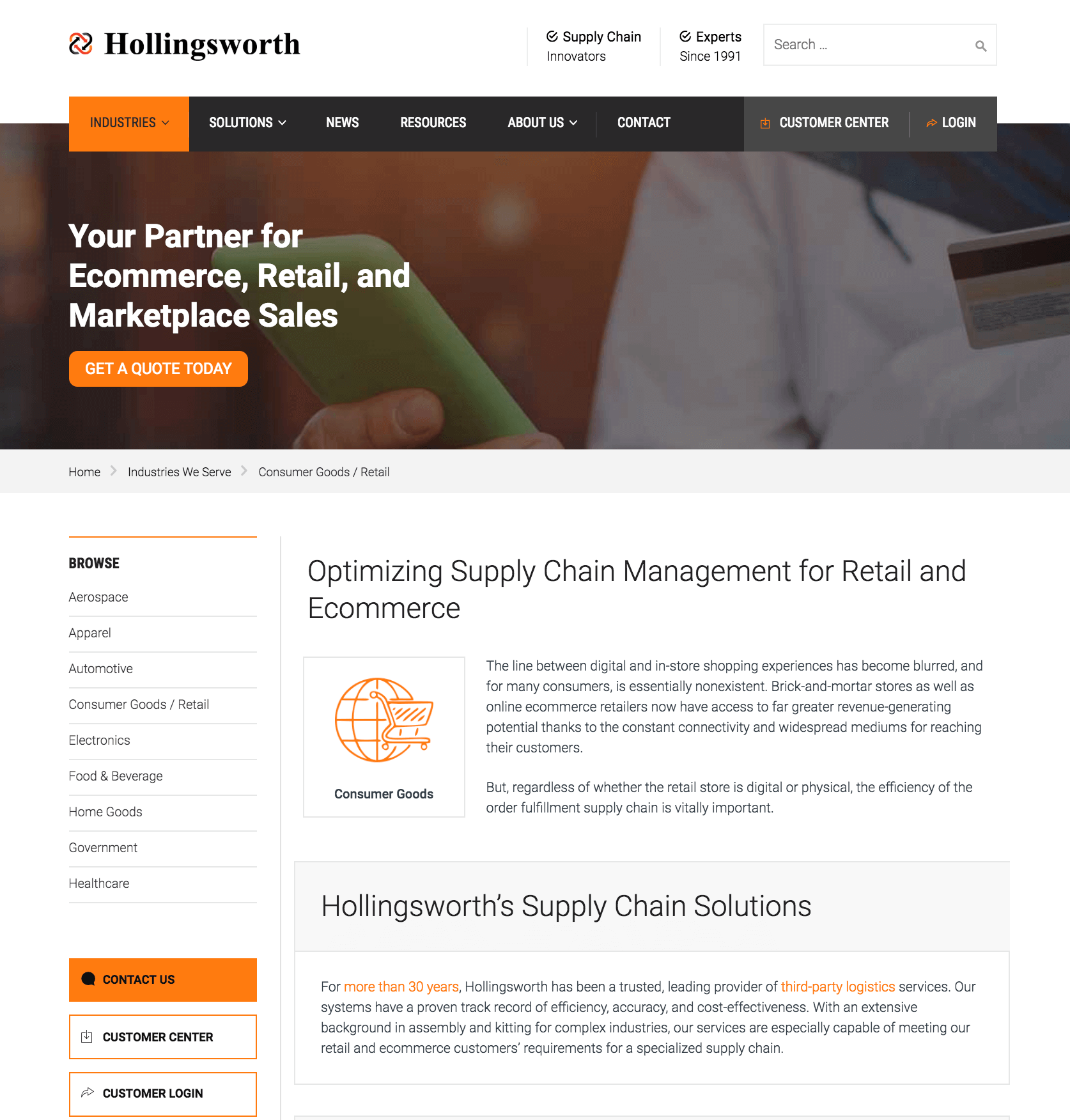 Screenshot of Hollingsworth's contact us page