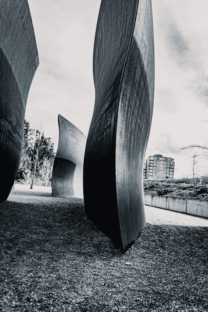 Black and white image of Wake by Richard Serra at Olympic Sculpture Park