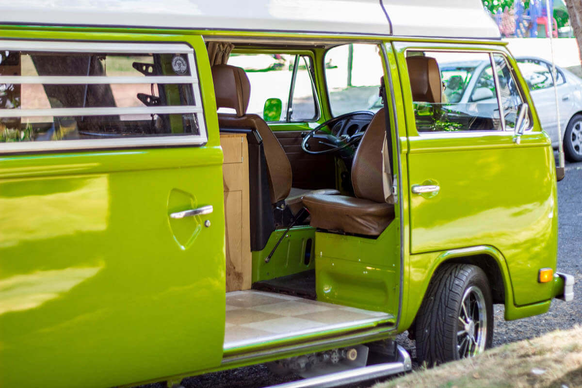 Lime-green Volkswagen van with door open