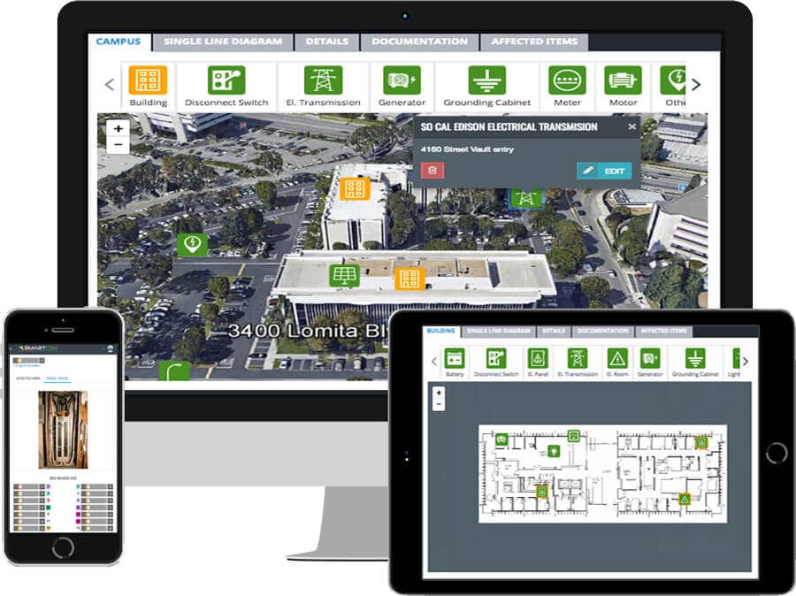 SmartCSM's building management software shown on phone, iPad, and mobile platforms