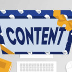Cartoon of a computer saying "content" on the screen with Marketeering Group's logo around it