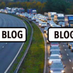 Two sides of the road, the one without traffic is labeled no blog and the one with a traffic jam is labeled blog