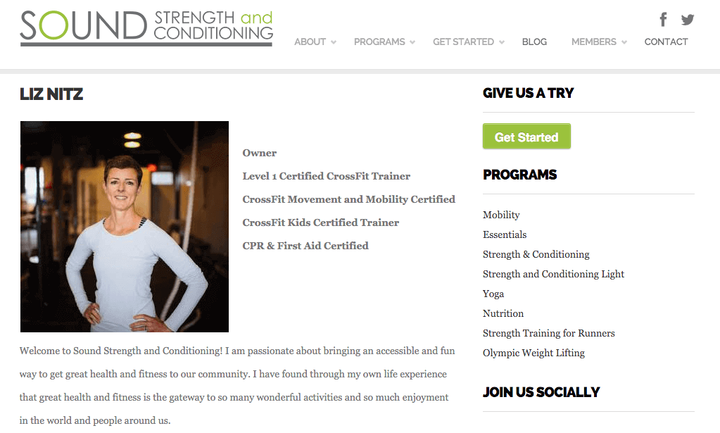 Sound strength and conditioning owner bio screenshot from her website